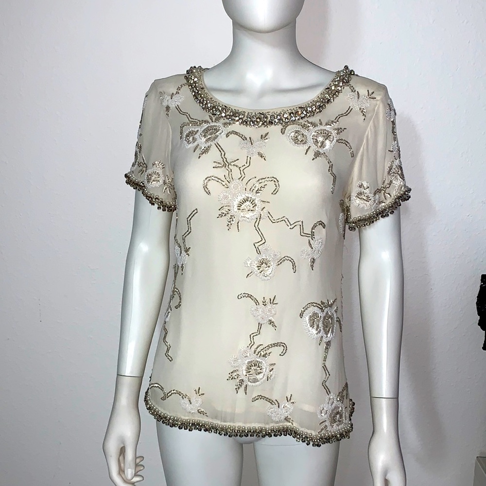 ROCOCO SAND silk ivory beaded rhinestone top S